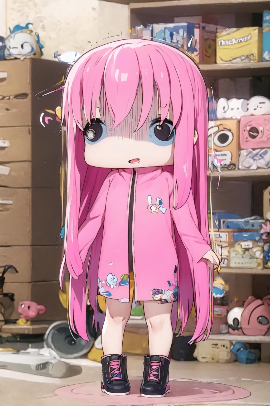 A cartoon girl in a pink jacket standing in front of a shelf.