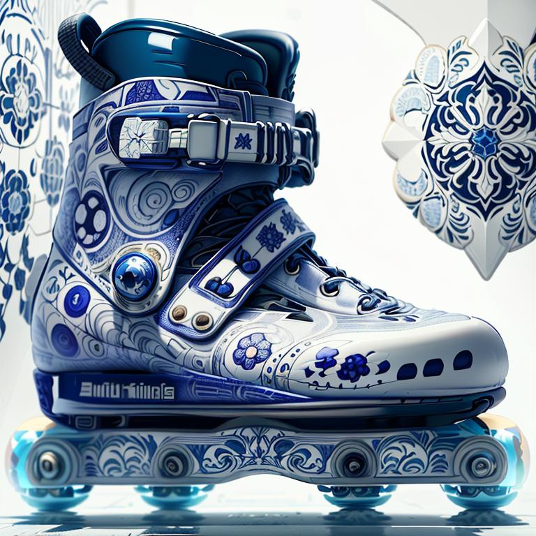 Blue and White Roller Skates with Floral Patterns and Rustic Designs.
