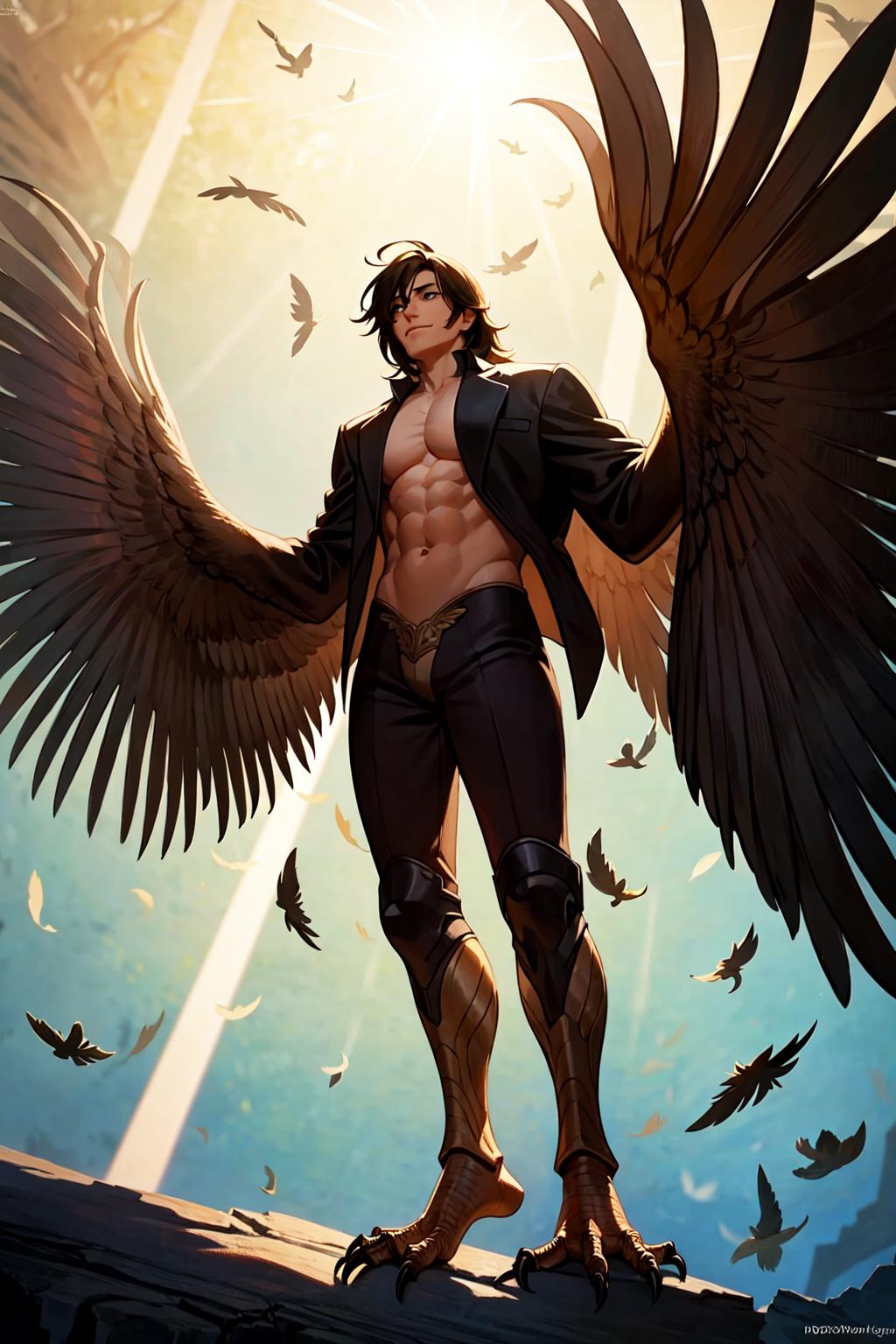 Man wearing black and gold with wings and standing in sunlight.