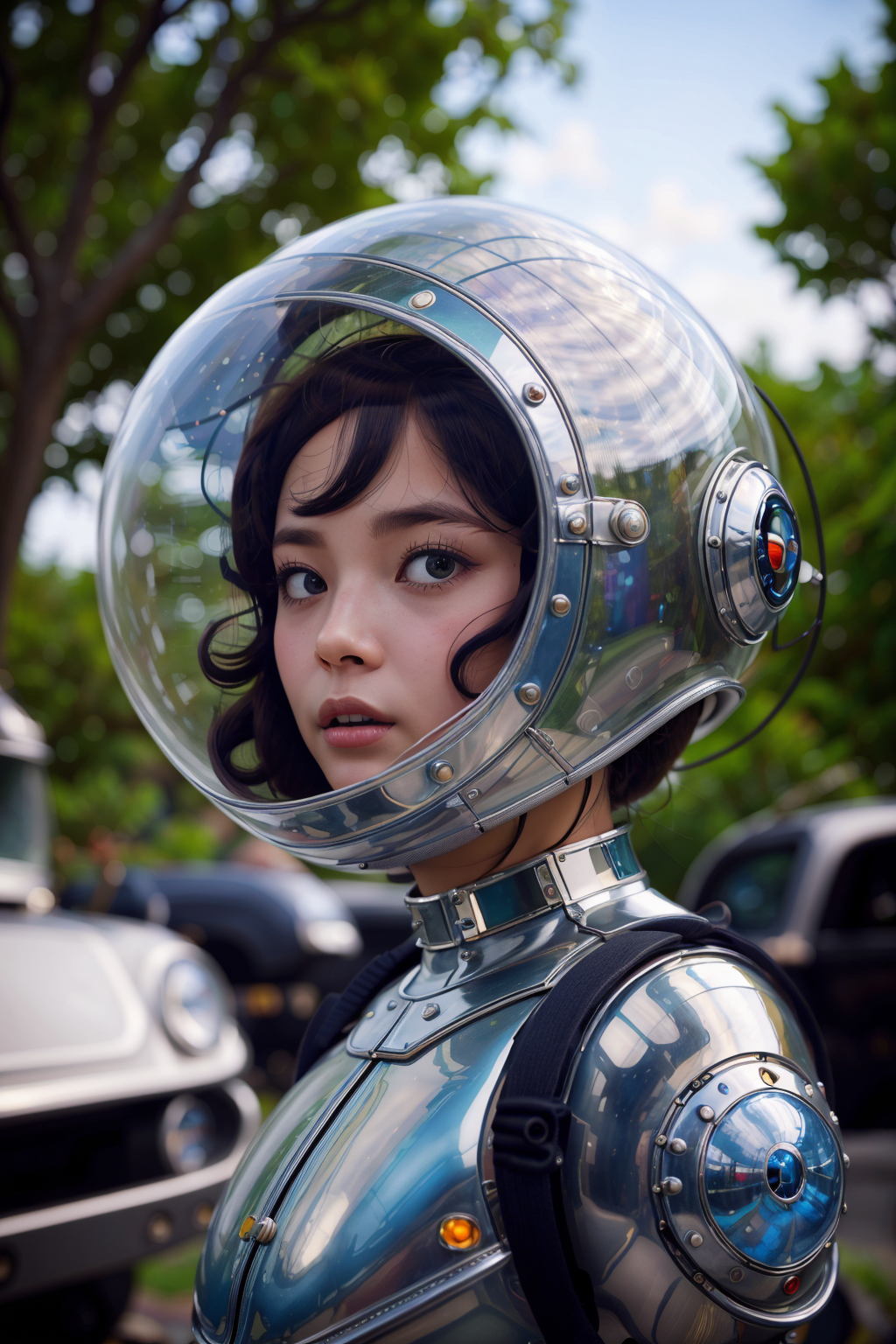 A woman wearing a silver space suit and helmet standing in front of a car.