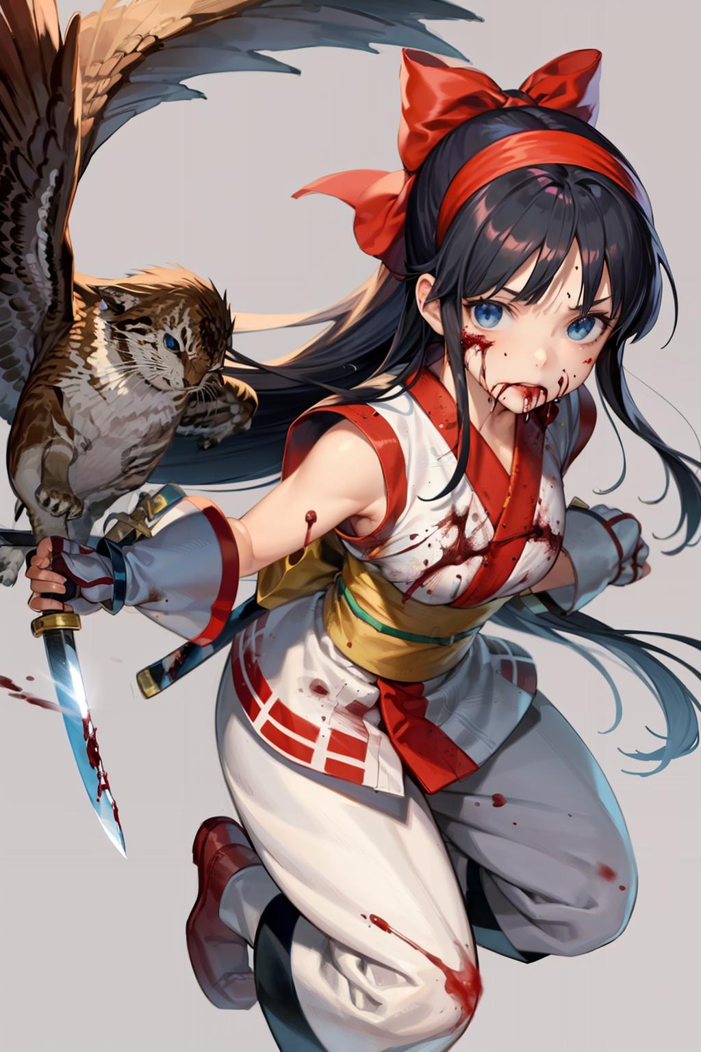 Anime-style character with blood on her face and arm holding a sword and a bird.