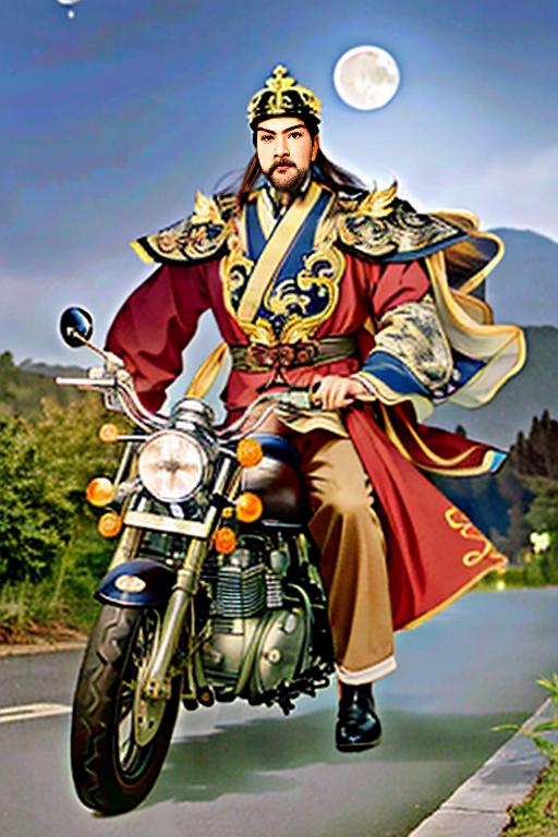 A man in a red and gold robe riding a motorcycle.