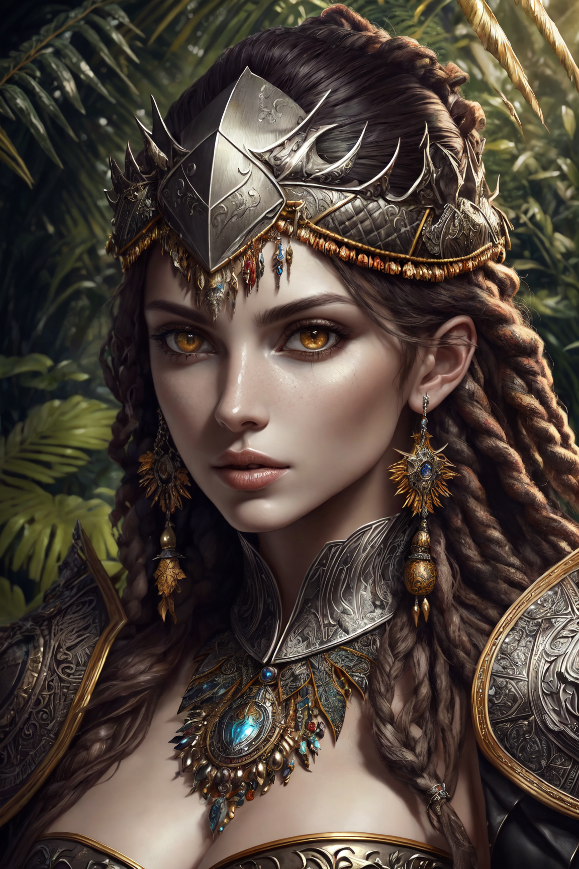 A fantasy illustration of a beautiful woman with long hair, wearing a gold crown and ornamental earrings.