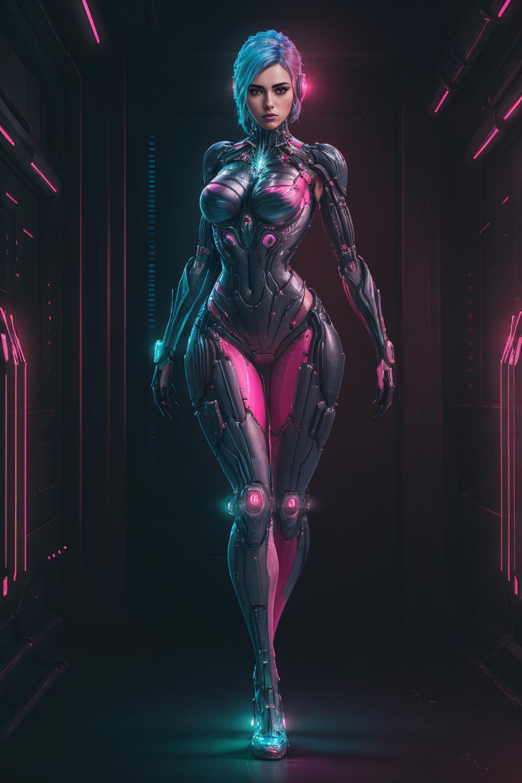 Robotic woman with pink and silver clothing posing in a futuristic setting.
