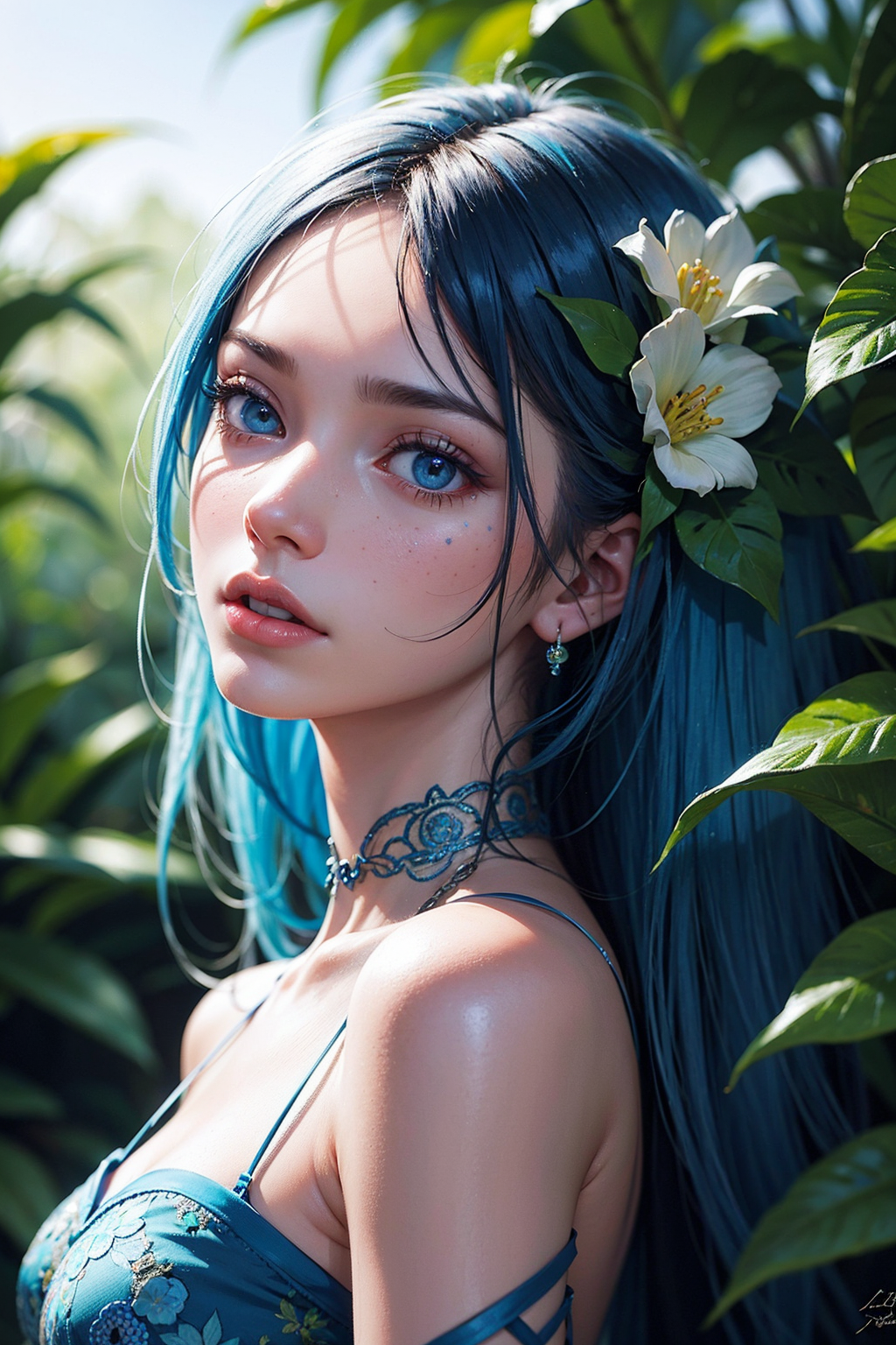 Blue-haired woman with a white flower in her hair.