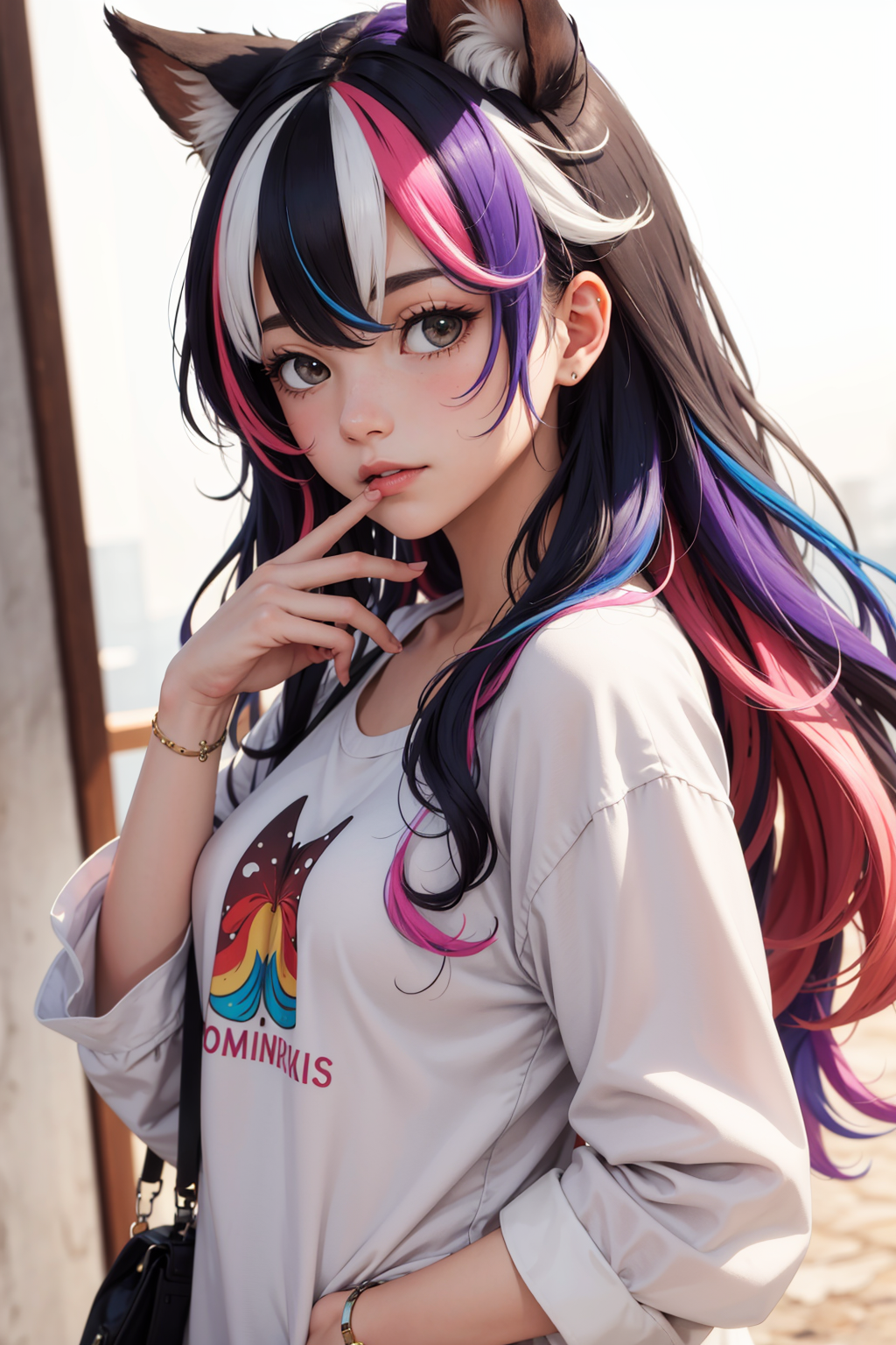 Anime girl with a pink and blue hair and a white shirt posing.