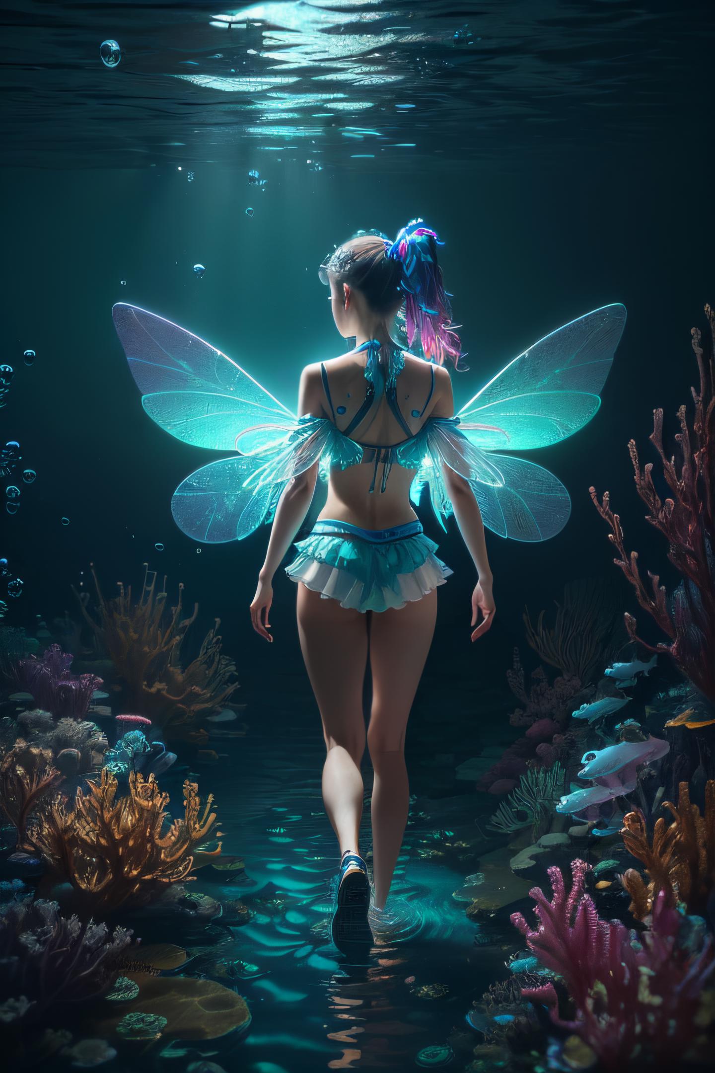 A mermaid in a blue swimsuit walking through an underwater cave.