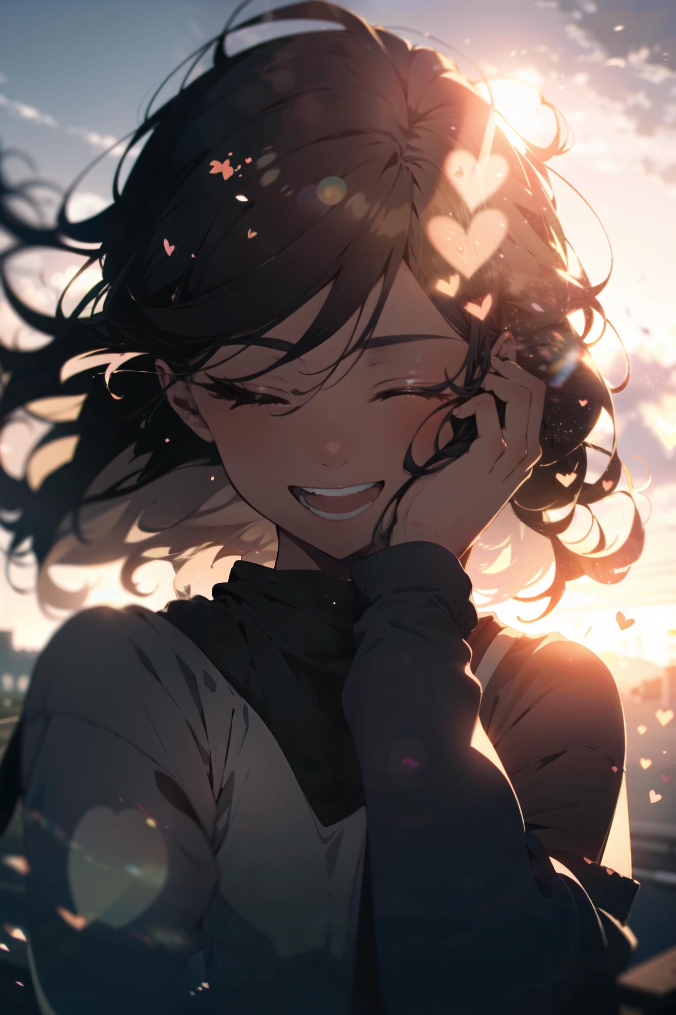 A smiling girl with dark hair and hearts in the background.
