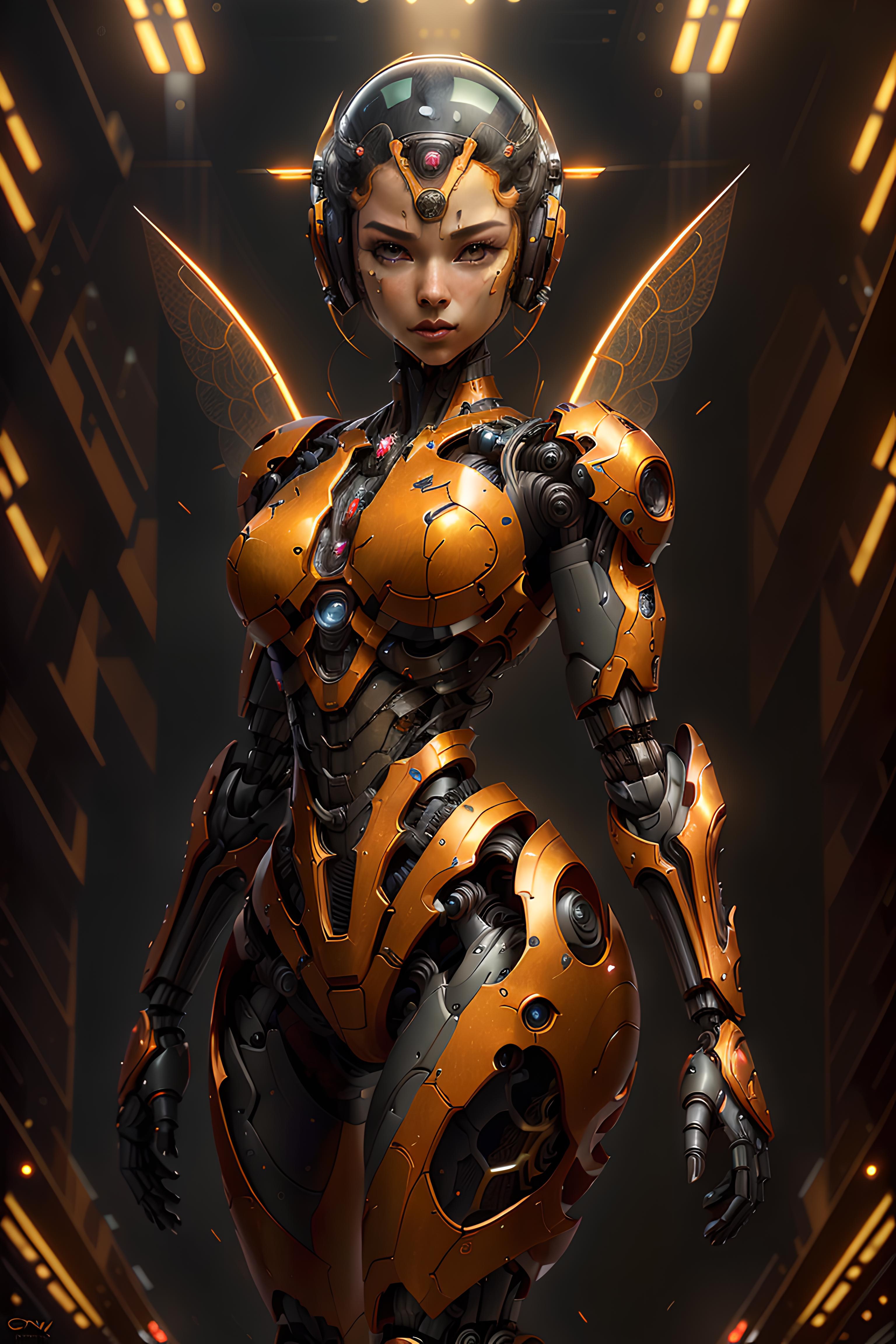 A robot with wings and gears on its body, standing in front of an orange wall.
