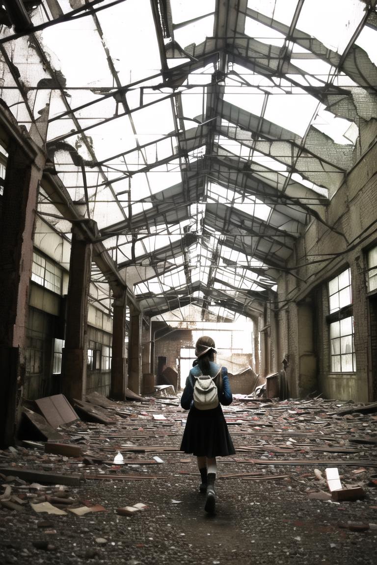 A girl walking through a ruined building with a backpack.