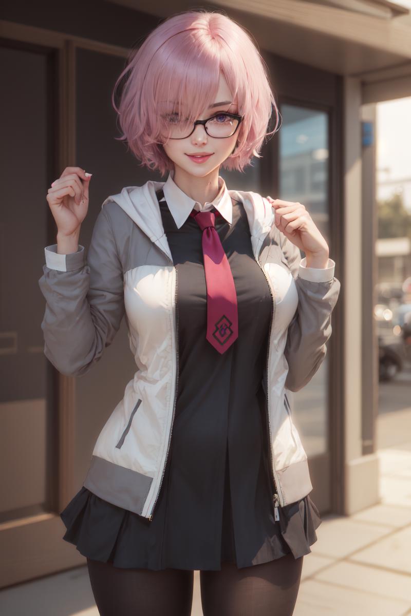 A pretty young girl with pink hair wearing a dark colored shirt and tie.