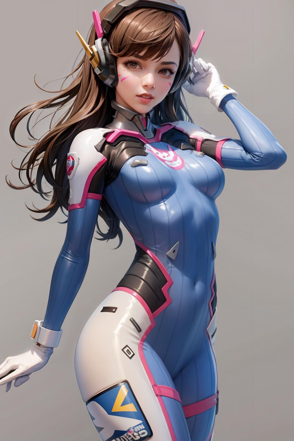 A 3D animated character in a blue and white jumpsuit.