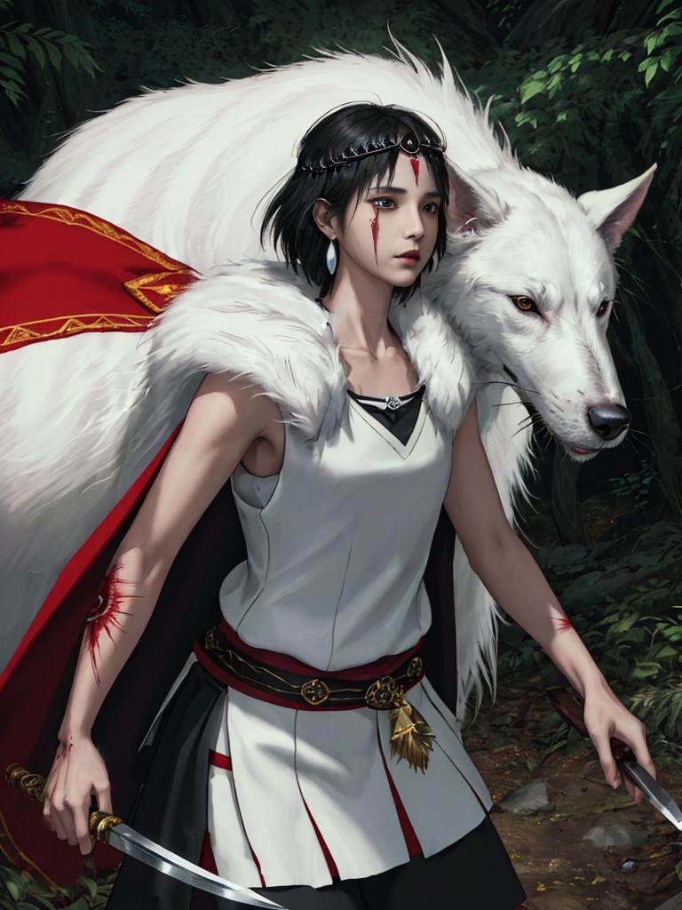 A woman in white with a wolf head dress and holding a knife.