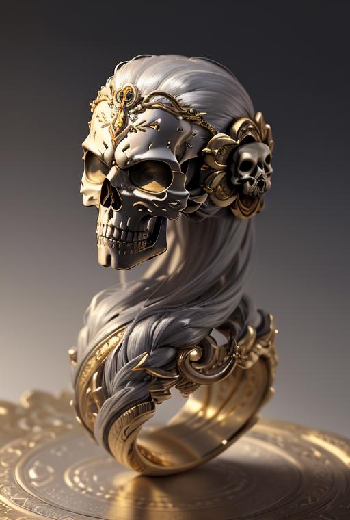 Gold and silver skull head with white hair and gold accents.
