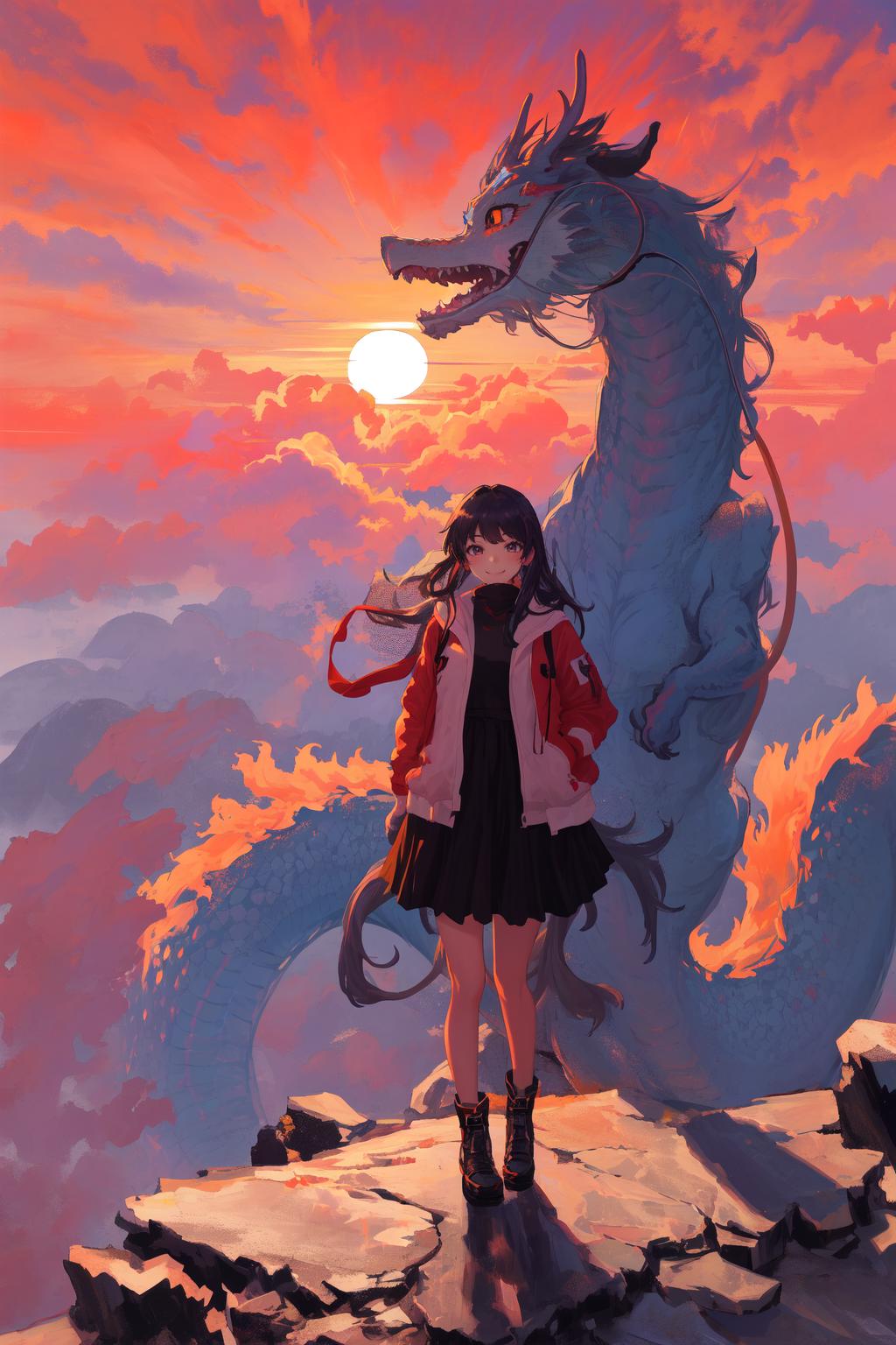 A girl standing on a cliff next to a large dragon.