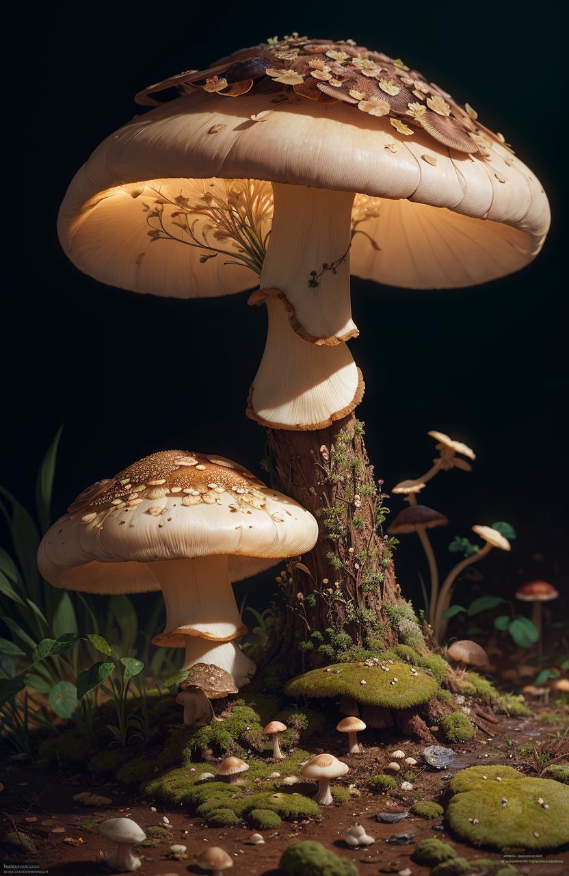 A fantastical scene of a mushroom forest with a tree stump and a large mushroom.
