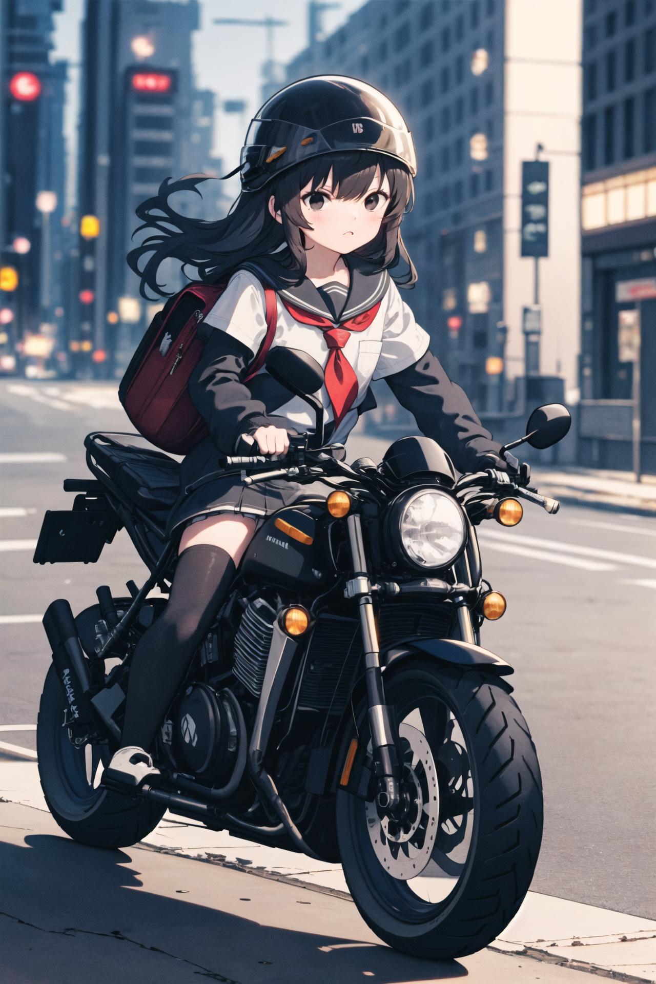 A young girl is wearing a school uniform while riding a motorcycle on a city street. She has a red backpack on her back and is holding onto the handlebars of the motorcycle. The scene appears to be a cartoon or animation, giving the image a whimsical and artistic touch.
