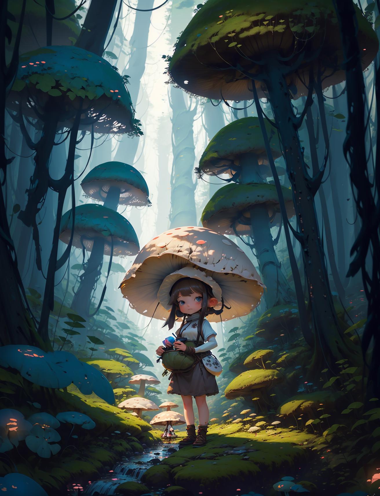 A Little Girl Walking Through a Mushroom Forest with a White Umbrella