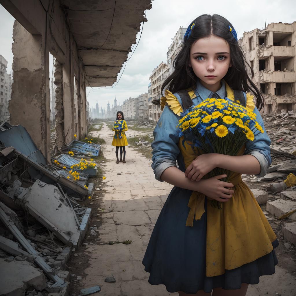A Little Girl Holding Yellow Flowers in a Destroyed City.