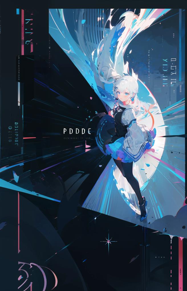 Anime Character Poster: Girl with White Hair and Blue Dress in PDDD Design, with Blue Background