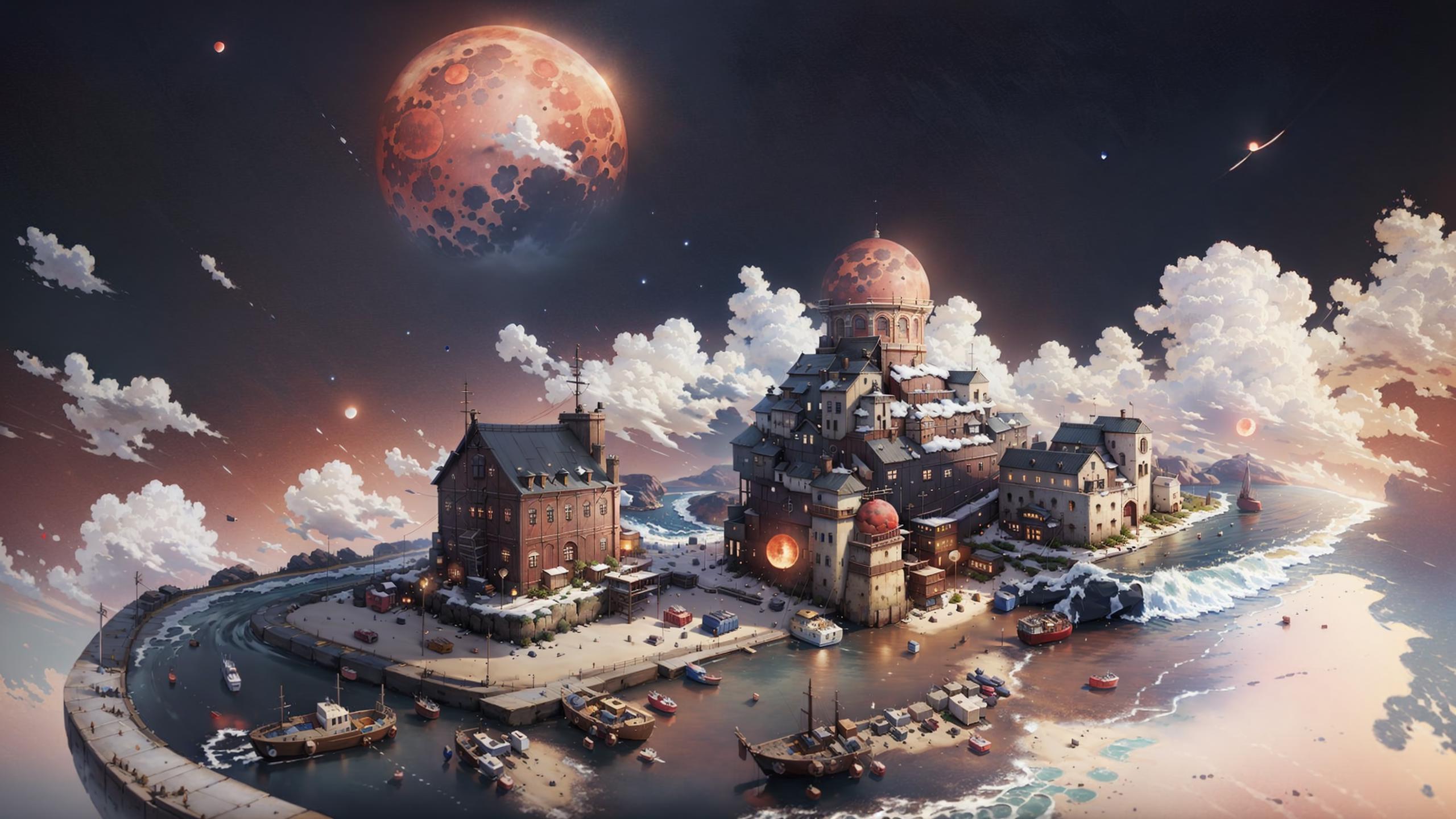An Artistic Fantasy Painting of a Town with Boats, Cars, and a Moon in the Sky