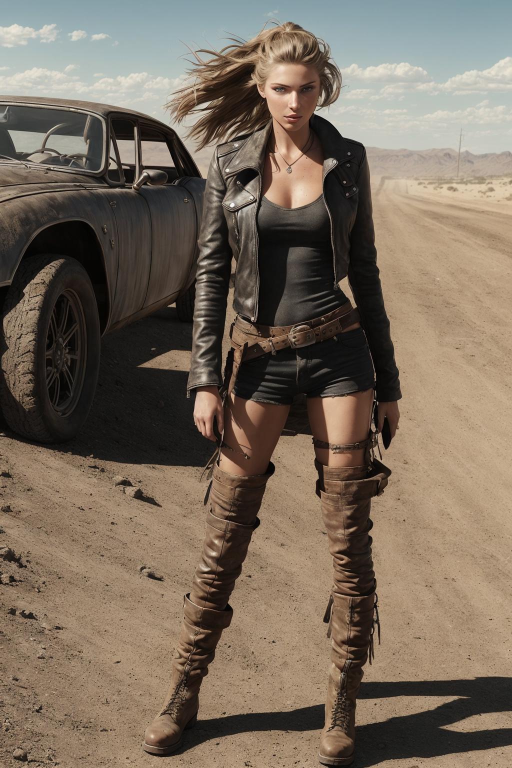 Woman in Leather Outfit and Boots Standing in Dirt.