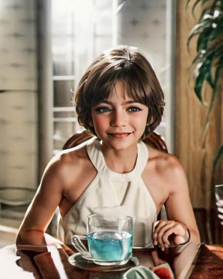 A young girl smiling at the camera with a glass of water in front of her.