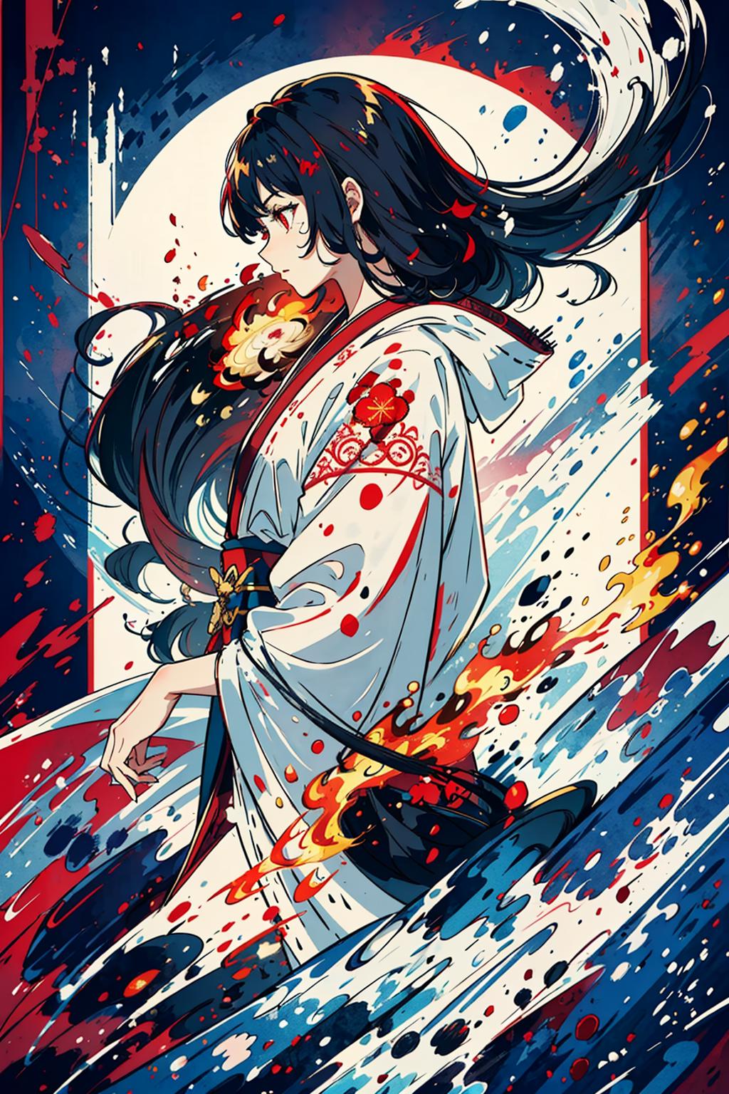 Anime Cartoon Japanese Woman with Long Black Hair and a White Kimono with Fire Elements in the Background.