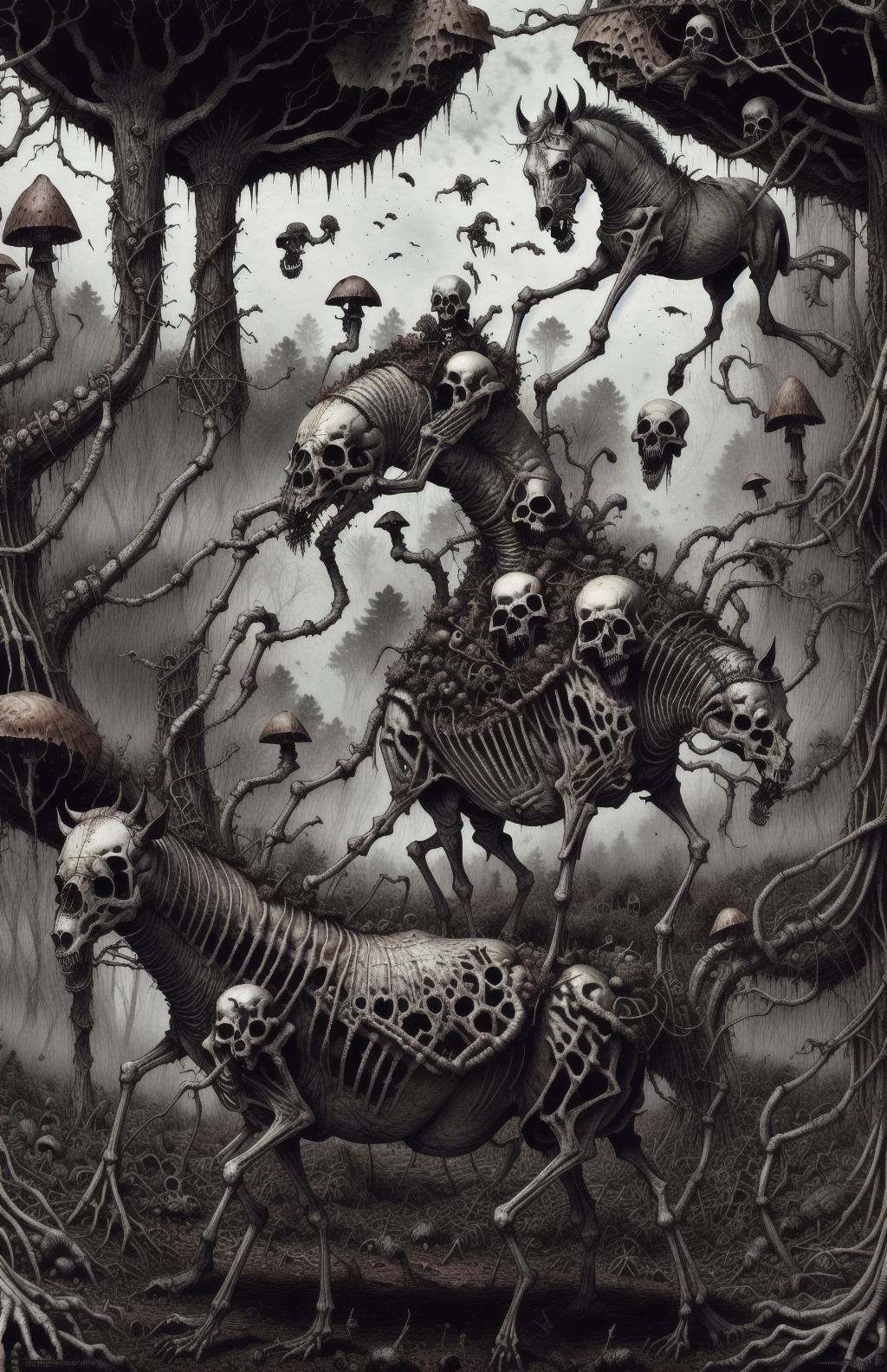 A dark and eerie scene with skeletons and mushrooms.