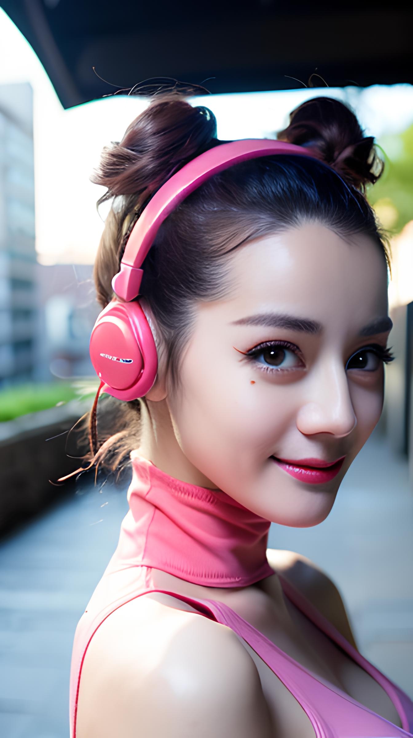 A woman wearing pink headphones with a pink shirt and pink lipstick on.