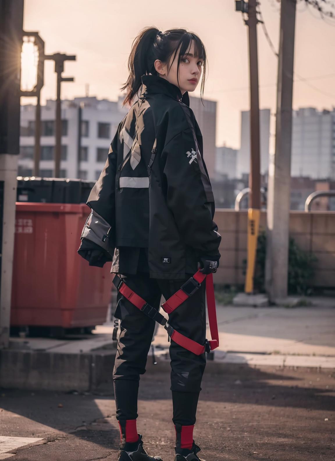 A girl in a black jacket and pants with a red belt and holster.