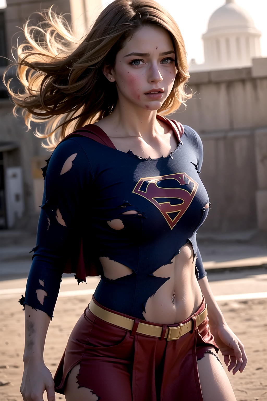 A Superheroine with a Ripped Blue Top and Gold Belt.