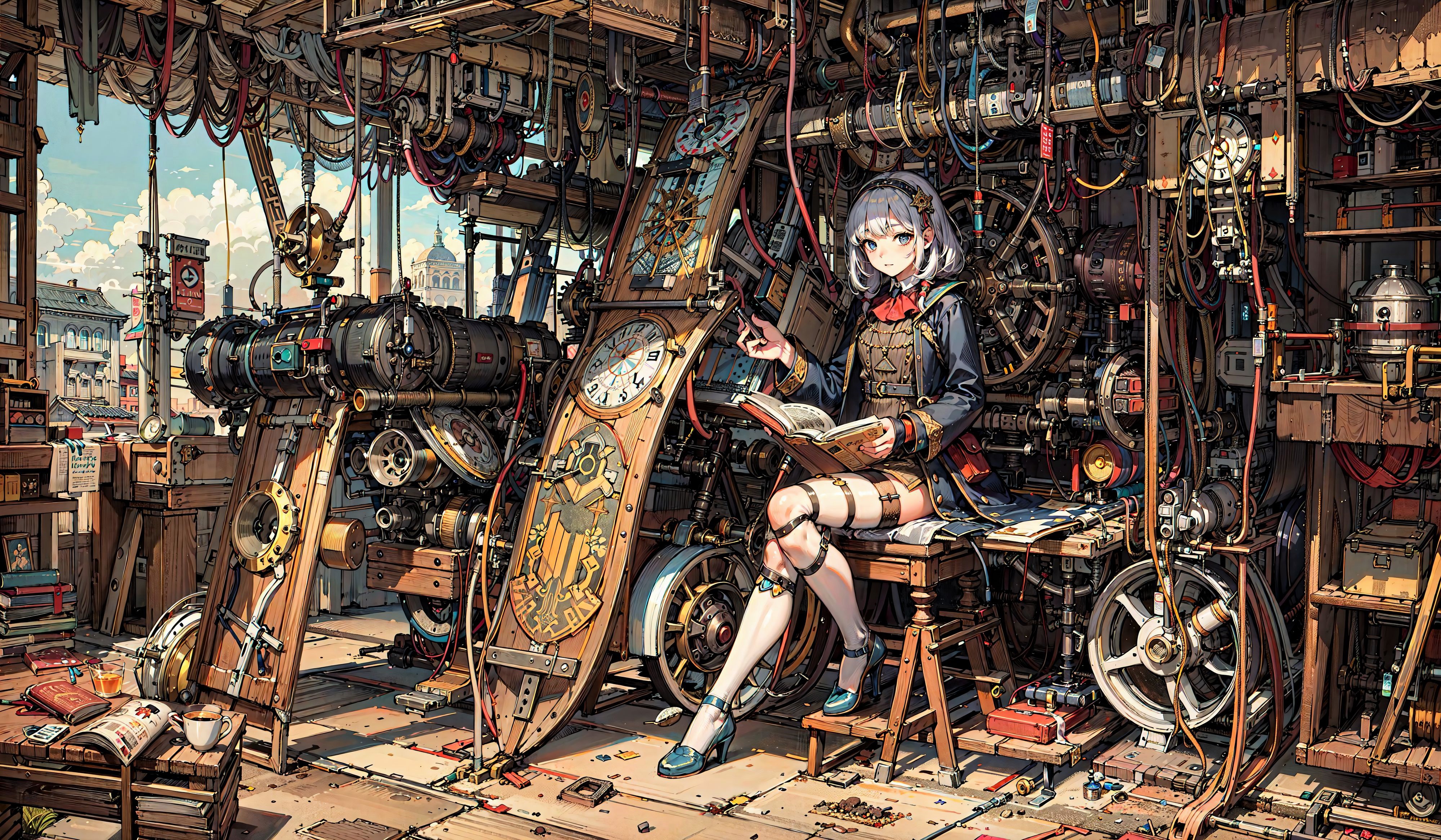 A young girl is sitting in a room surrounded by old clocks and machinery.