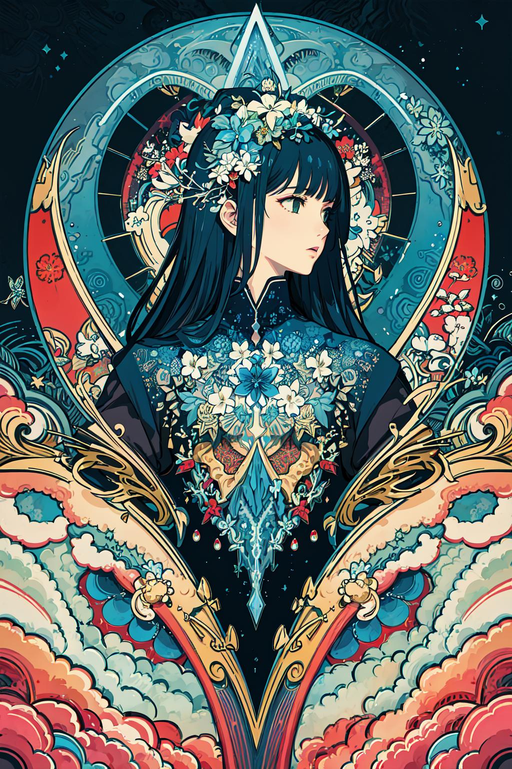 A woman in a black dress with white flowers and red accents, surrounded by a colorful and intricate design.