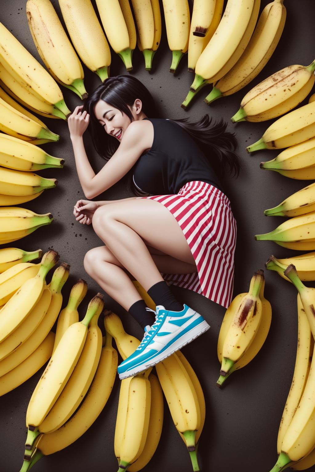 A girl with a blue and white shoe, posing with a bunch of bananas.