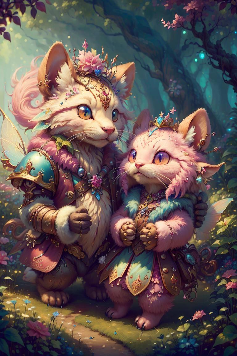 Fantasy Art: Two Cats Dressed as Humans, One Wearing a Crown and the Other a Sword.