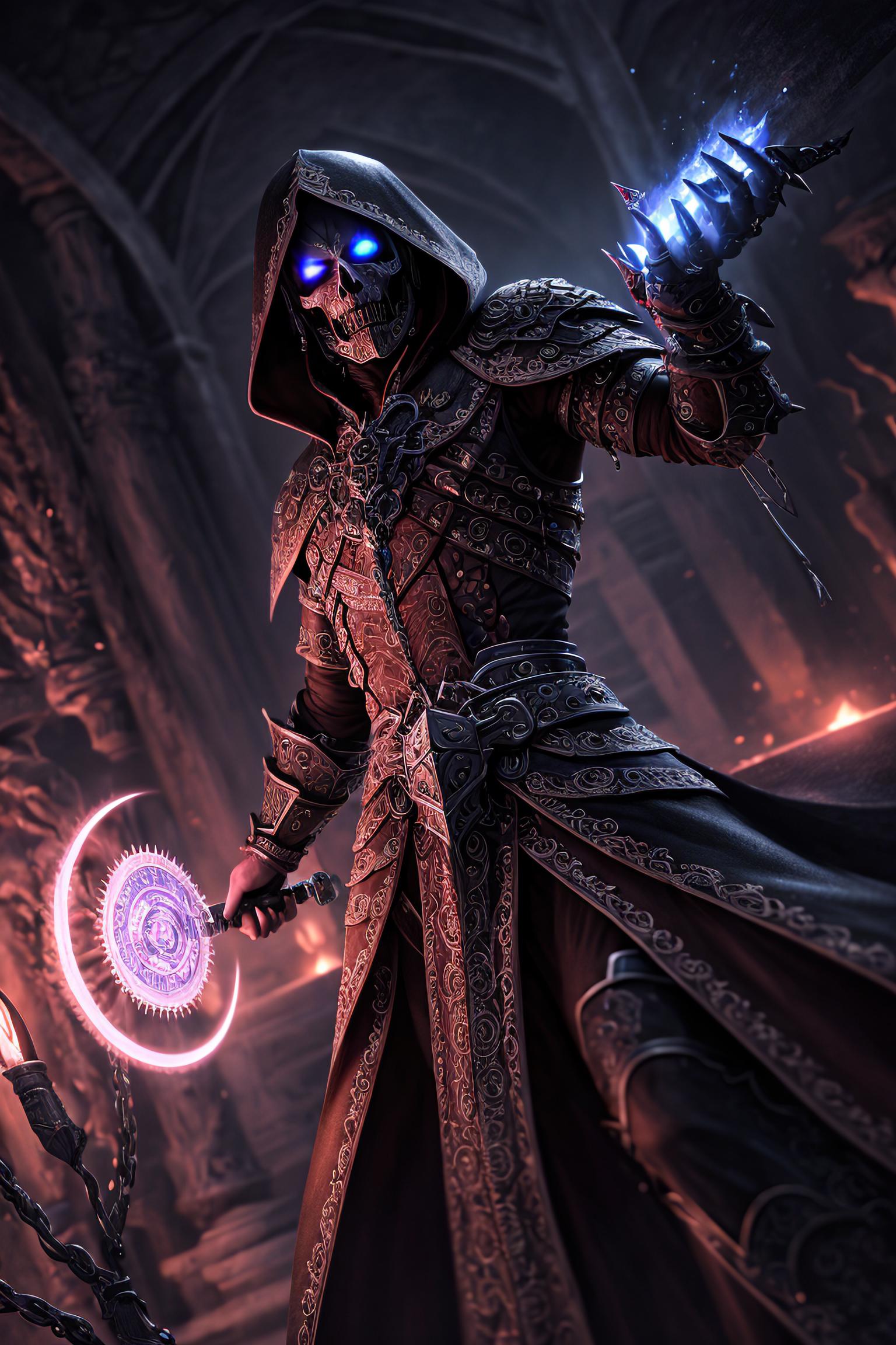 A character in a video game holds a circular weapon.