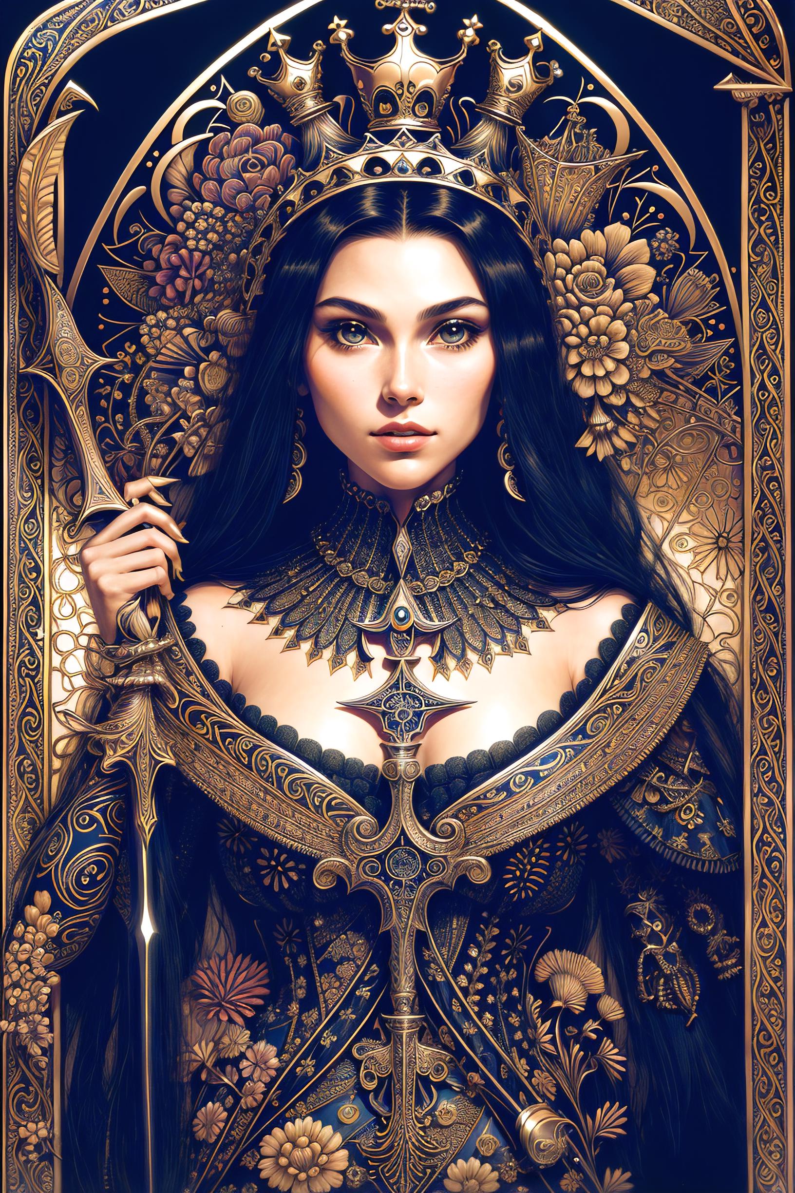 Artistic Illustration of a Woman Holding a Sword with Gold and Blue Tones