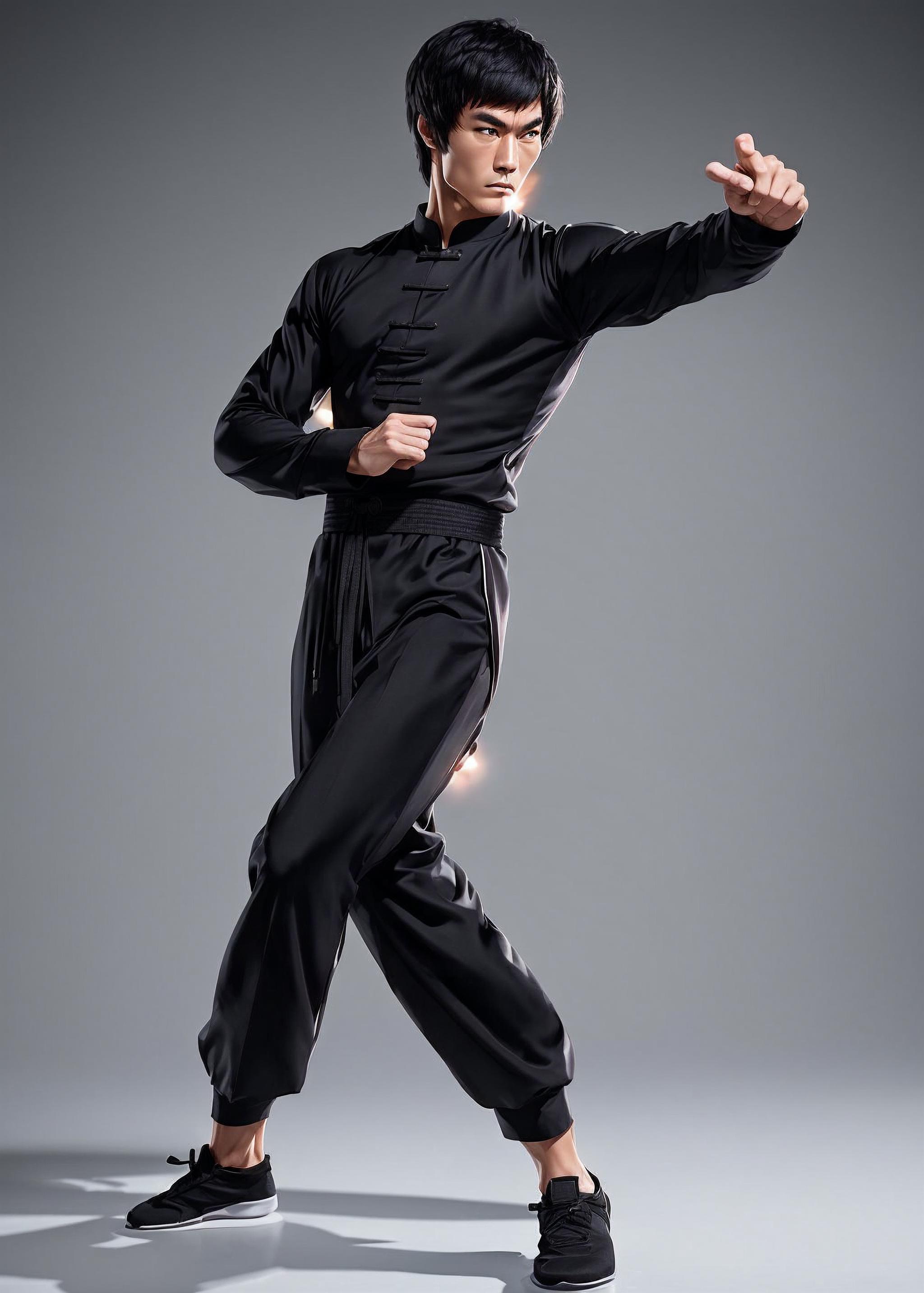 A man in a black suit and pants performing a martial arts move.