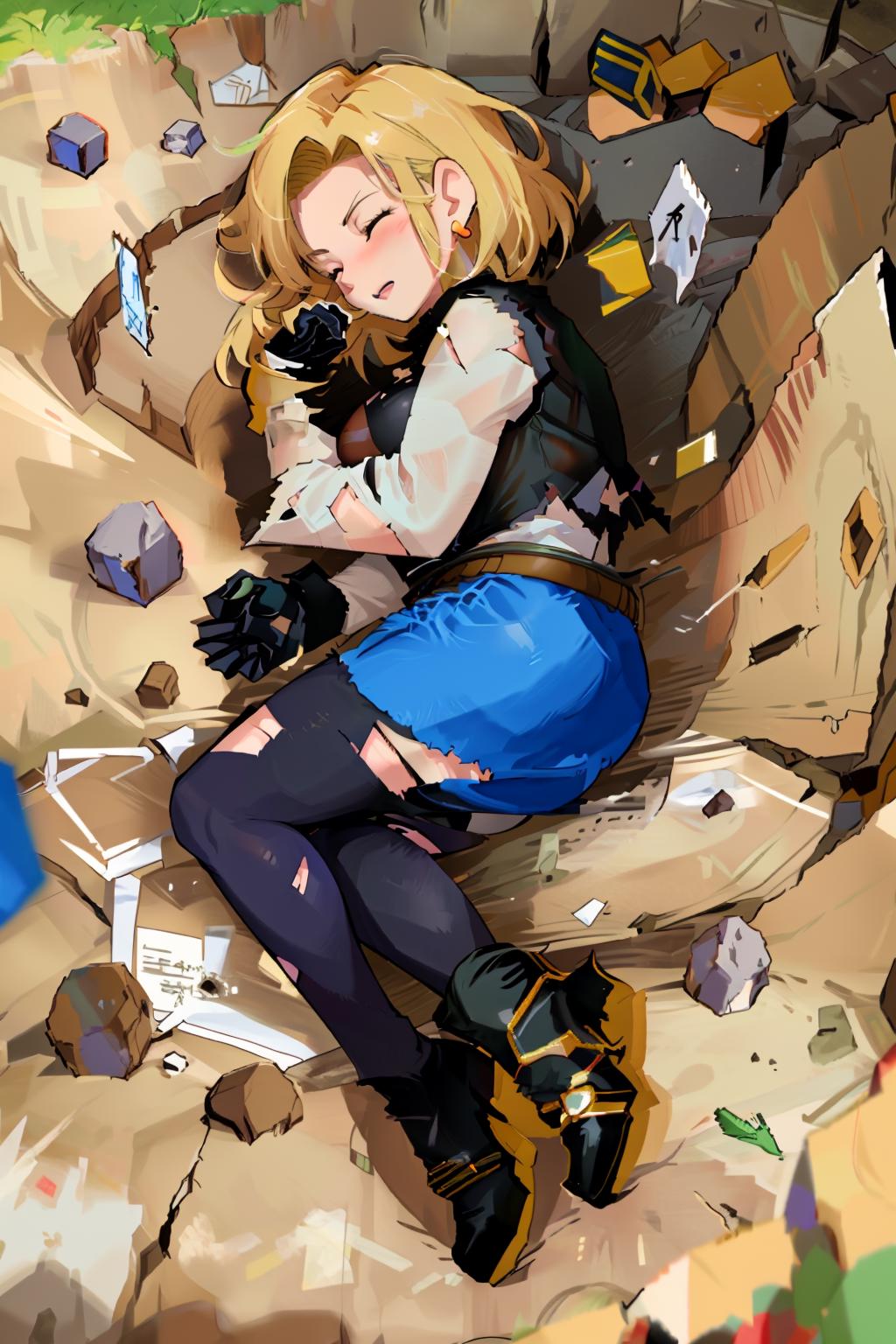 A cartoon woman lying on the ground with a blue dress and black boots.