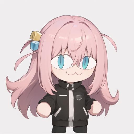 Pink and black anime girl wearing a black jacket and glasses.