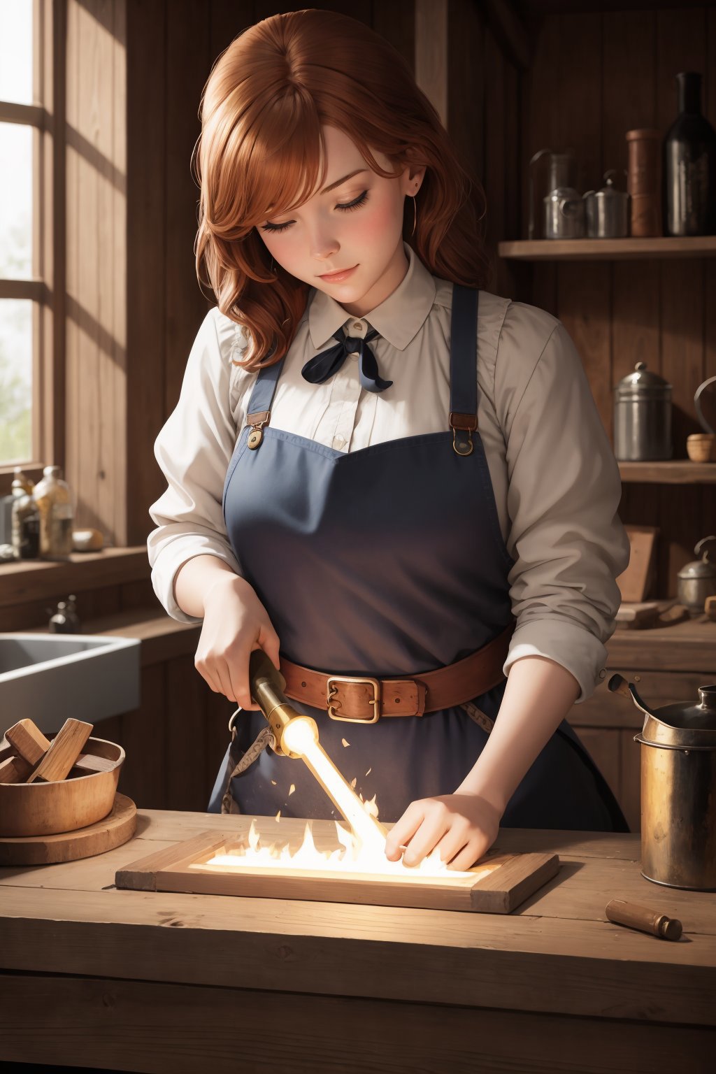 A woman with a blue apron is cutting a piece of wood with a knife.