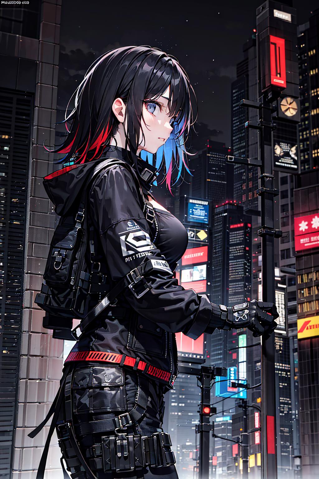 A woman with black hair, blue eyes, and a black jacket stands in the city at night.