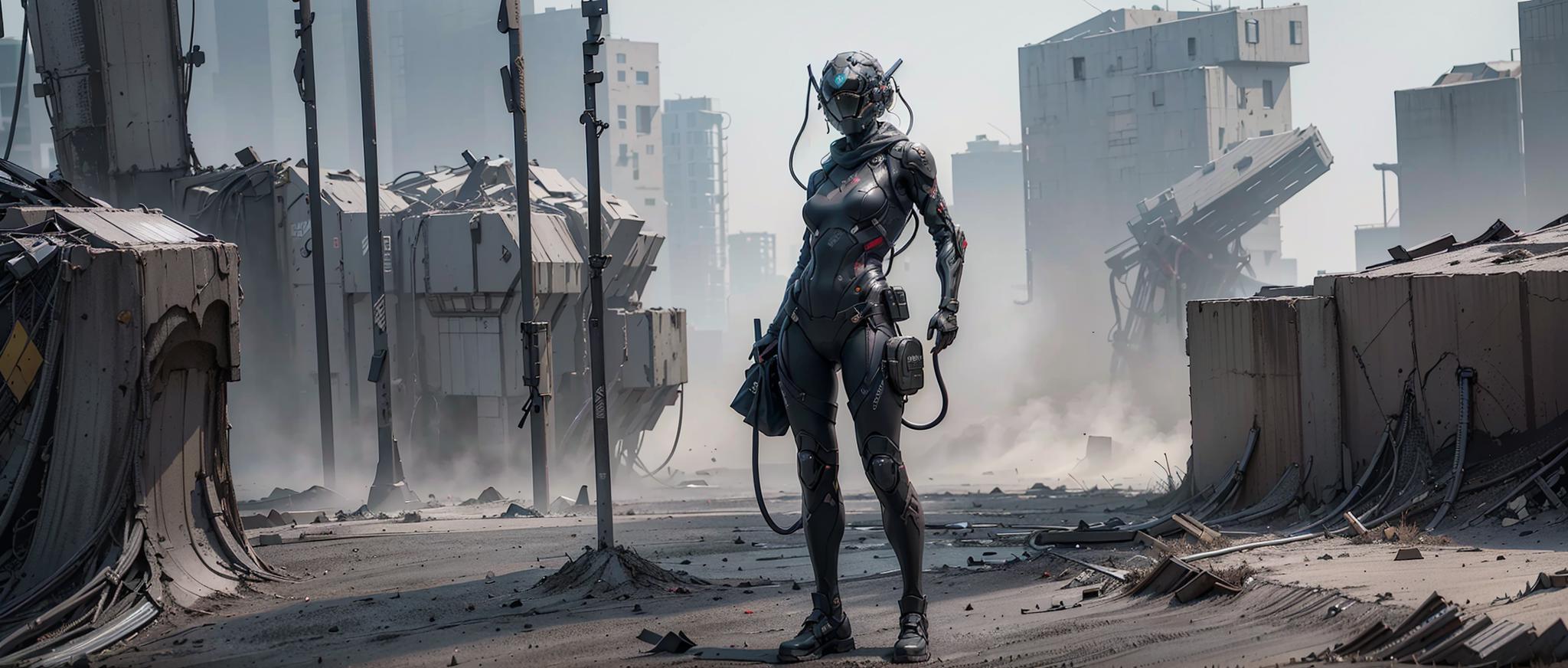 A robotic woman standing in a city setting.