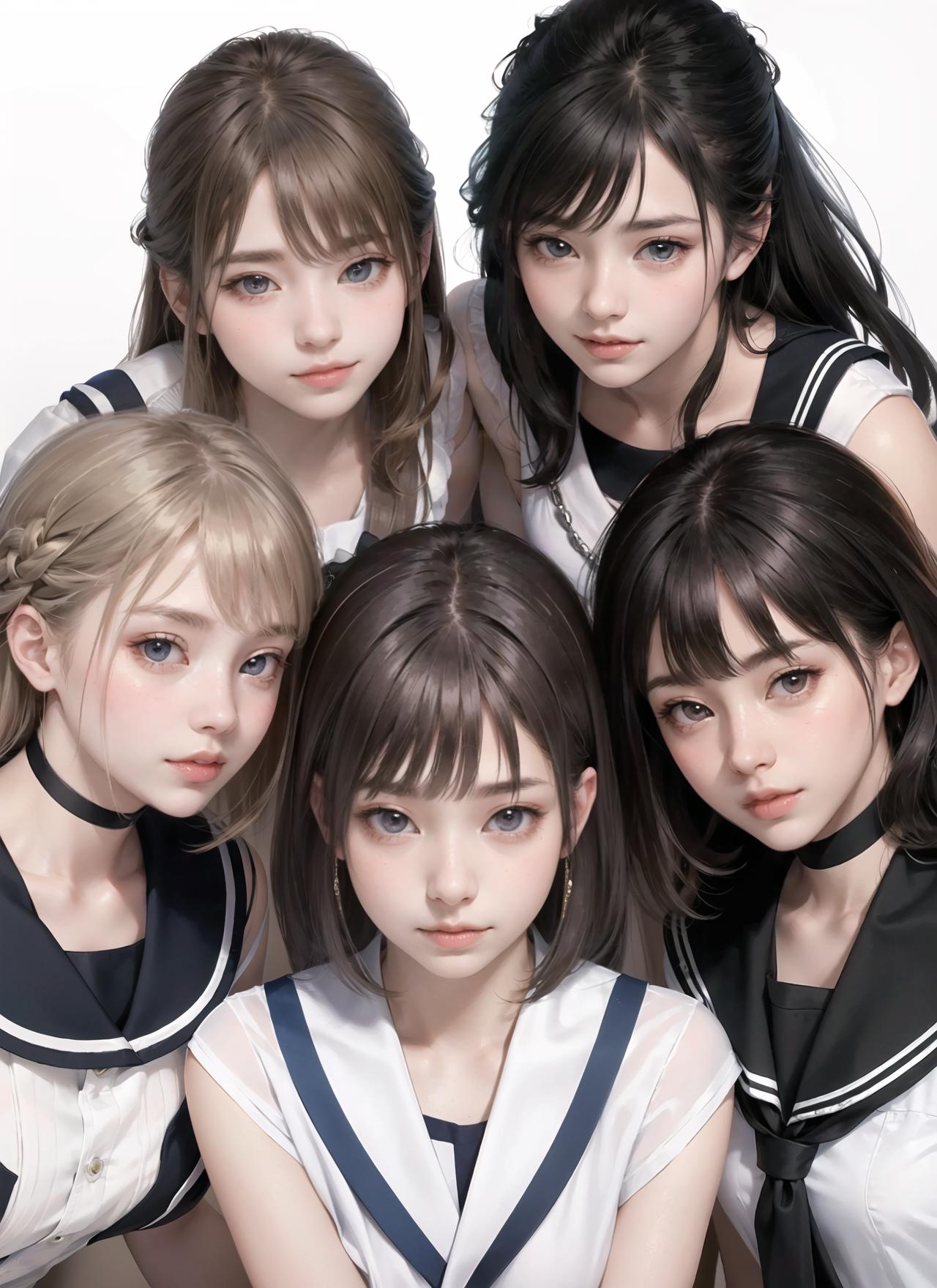 A group of six anime girls in sailor suits pose together for a photo.