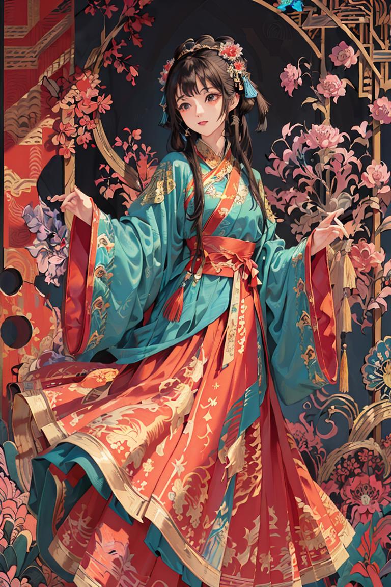 Anime-style drawing of a woman wearing an ornate blue dress and pink flowers.