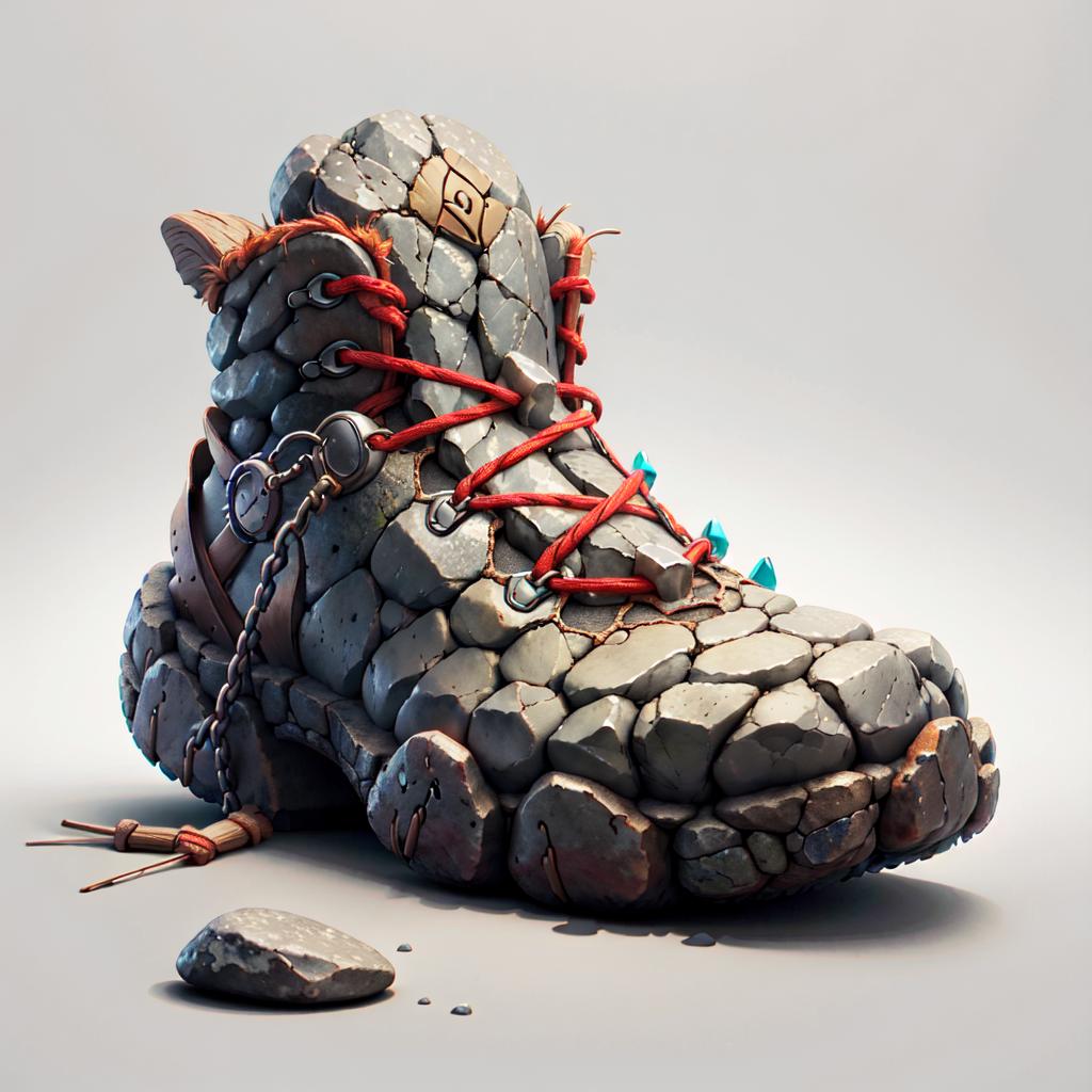 A detailed drawing of a rock shoe with laces and a chain on its side.