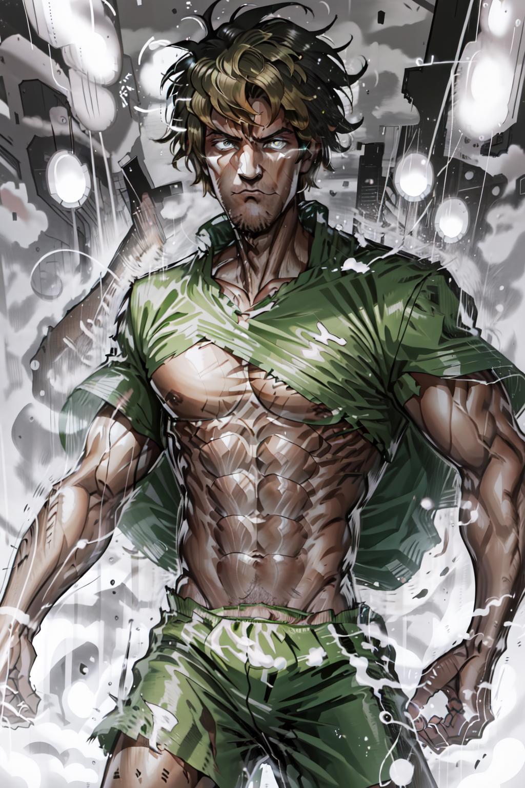 A muscular man in a green shirt and green shorts with his shirt ripped open.