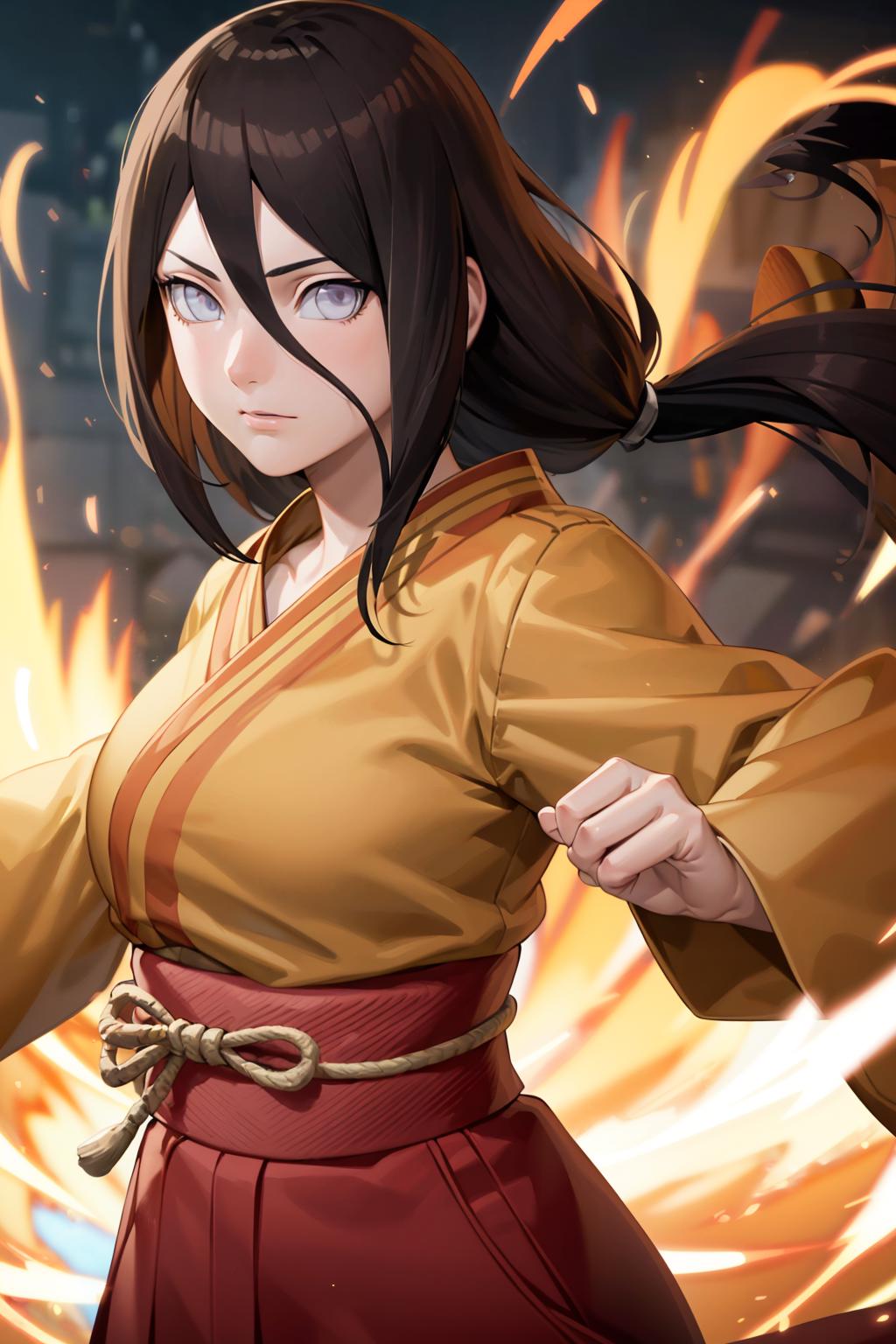 Cartoon illustration of a woman with a yellow kimono and blue eyes standing in front of a fire.