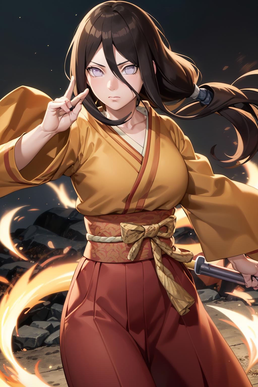 An animated image of a woman in a yellow kimono with a sword in her hand.